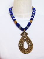 Large African Necklace Beaded Blue Ethnic Brass Photography Photo Shoot Unisex