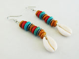 African Earrings Cowrie Shell  Beaded Red Turquoise Jewelry