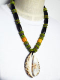 Cowrie Shell Necklace Beaded Ethnic Jewelry Green Yellow