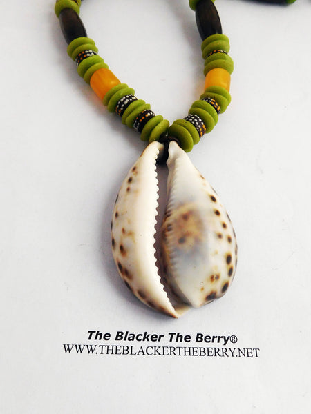 Cowrie Shell Necklace Beaded Ethnic Jewelry Green Yellow