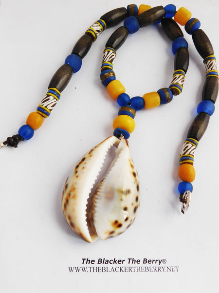 Large Cowrie Necklaces Blue Yellow Beaded Ethnic Jewelry
