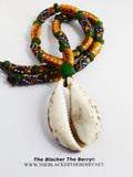 Large Cowrie Necklaces Green Yellow Beaded Unisex Handmade African