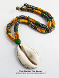 Large Cowrie Necklaces Green Yellow Beaded Unisex Handmade African