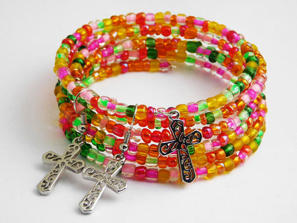 Christian Jewelry Set Silver Cross Bracelet Earrings Teen Gift Ideas Women Colorful