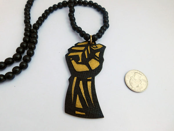 Men's Wooden Black Power Fist Necklace - Raised Clenched Fist Ball Bead Pendant