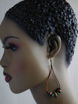 Ethnic Earrings Leather Beaded Wooden Green