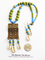 African Necklaces Cowrie Beaded Green Blue Jewelry Set Earrings