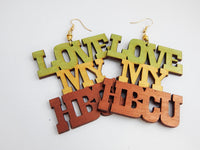 Love My HBCU Earrings Wooden Jewelry Hand Painted Ethnic Art Green Gold
