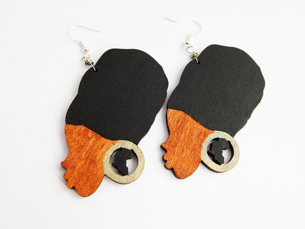 African Women Earrings Head Wrap Natural Hair Jewelry Wooden Black Silver Gift Ideas for Her