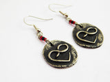 Infinity Heart Earrings Round Pewter with small seed beads. The beads are black and red. The Earrings hang approximately 2 inches long with silver wire.
