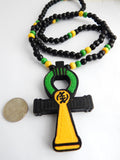 Large Ankh Wood Necklace Beaded Yellow Green Jamaican Men Ankhs Pendant Jamaica Wooden Ethnic Gift Ideas for Him