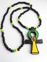 Large Ankh Wood Necklace Beaded Yellow Green Jamaican Men Ankhs Pendant Jamaica Wooden Ethnic Gift Ideas for Him