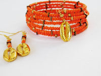 Orange Bracelet Beaded Brass Ethnic Jewelry Set Earrings