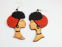 Black Art Earrings Wooden Hand Painted Orange Black Brown African American Women Jewelry