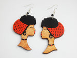 Black Art Earrings Wooden Hand Painted Orange Black Brown African American Women Jewelry