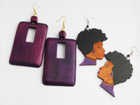 Purple Earrings Wooden Hand Painted Rectangle Art jewelry