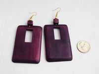 Purple Earrings Wooden Hand Painted Rectangle Art jewelry