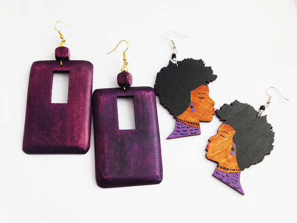 Purple Earrings Wooden Hand Painted Rectangle Art jewelry