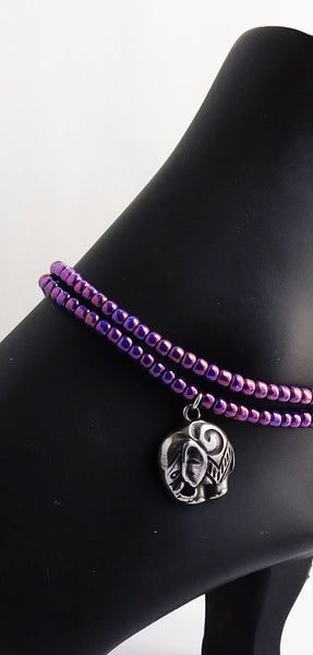 Elephant Anklet Silver Purple Stainless Steel Beaded Jewelry