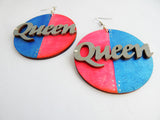 Queen Earrings Hand Painted Jewelry Blue Pink Wooden