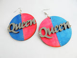 Queen Earrings Hand Painted Jewelry Blue Pink Wooden