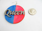 Queen Earrings Hand Painted Jewelry Blue Pink Wooden