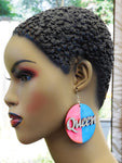 Queen Earrings Hand Painted Jewelry Blue Pink Wooden