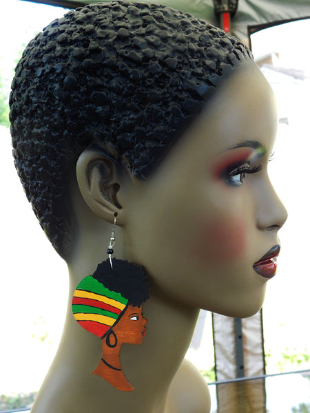 African Earrings Rasta Women Afro Natural Hair Jewelry Afrocentric Wooden Ethnic Red Green Yellow