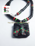 RBG Mens African Necklace RBG Mask Beaded Necklace Red Black Green Mens Tribal Jewelry