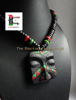 RBG Mens African Necklace RBG Mask Beaded Necklace Red Black Green Mens Tribal Jewelry