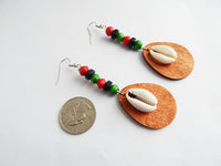 Cowrie Shell Earrings RBG Beaded Jewelry Red Black Green Ethnic
