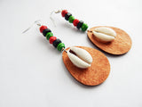 Cowrie Shell Earrings RBG Beaded Jewelry Red Black Green Ethnic