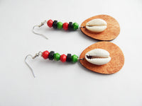Cowrie Shell Earrings RBG Beaded Jewelry Red Black Green Ethnic