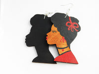 Black Art Earrings Wooden Silhouette Afrocentric African Woman Jewelry Red Black
