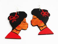 Black Art Earrings Wooden Silhouette Afrocentric African Woman Jewelry Red Black