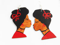 Black Art Earrings Wooden Silhouette Afrocentric African Woman Jewelry Red Black