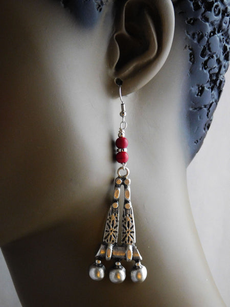 Tribal Earrings Antique Silver Red Beaded Long