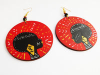 African Earrings Red Tribal Woman Jewelry Hand Painted Afrocentric Ethnic