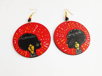 African Earrings Red Tribal Woman Jewelry Hand Painted Afrocentric Ethnic