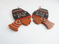 African Earrings Wooden Jewelry Women Hand Painted Ethnic Red Black Silver