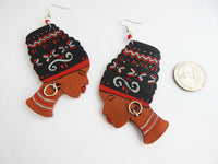 African Earrings Wooden Jewelry Women Hand Painted Ethnic Red Black Silver