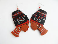 African Earrings Wooden Jewelry Women Hand Painted Ethnic Red Black Silver