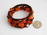 African Jewelry Set Orange Leather Earrings Beaded Bracelet