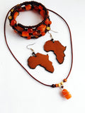 African Jewelry Set Orange Leather Earrings Beaded Bracelet