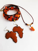 African Jewelry Set Orange Leather Earrings Beaded Bracelet