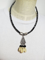 Tribal Necklace Black White Cowrie Shell Fabric Jewelry