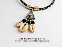 Tribal Necklace Black White Cowrie Shell Fabric Jewelry