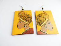African Earrings Afrocentric Jewelry Women Yellow Earrings Hand Painted Wooden