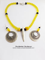 Yellow Beaded Black Necklace Jewelry Set Silver Tribal Spear Earrings