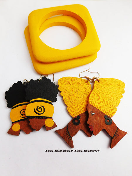 African Earrings Yellow Black Wooden Jewelry Ethnic